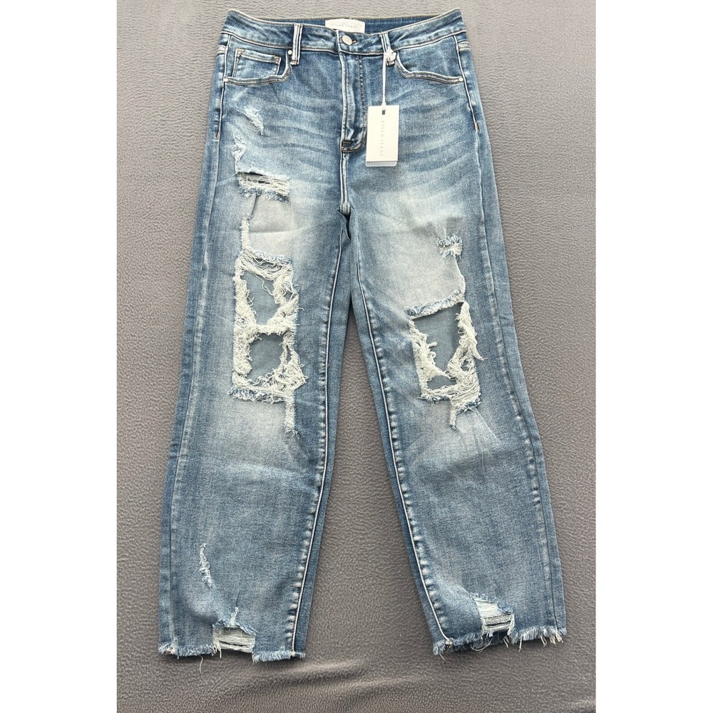 Risen Jeans Womens 31 Distressed High Rise Straight Leg Denim Medium Wash NWT